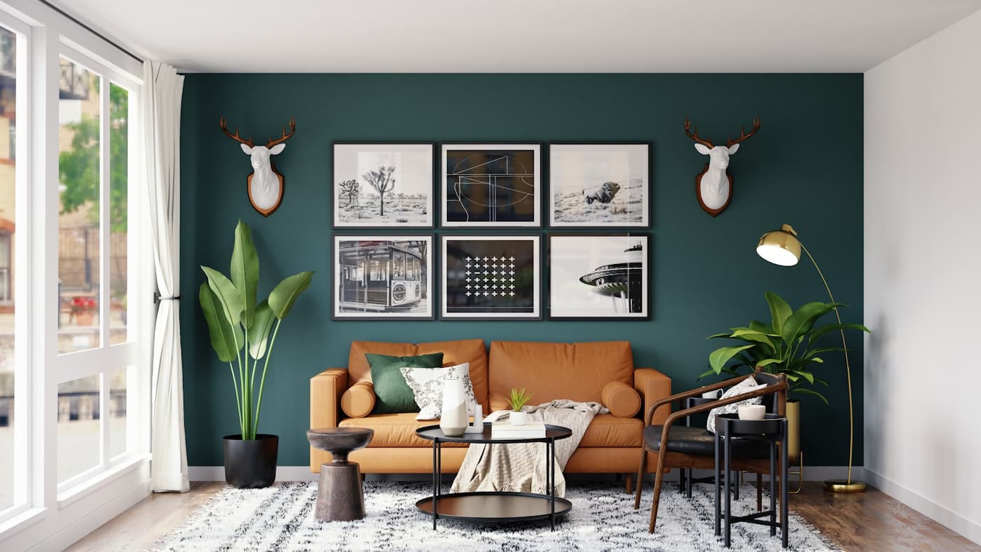 Living room after repair and a new colour: a clean petrol-green plane, sharp transition into stone white.