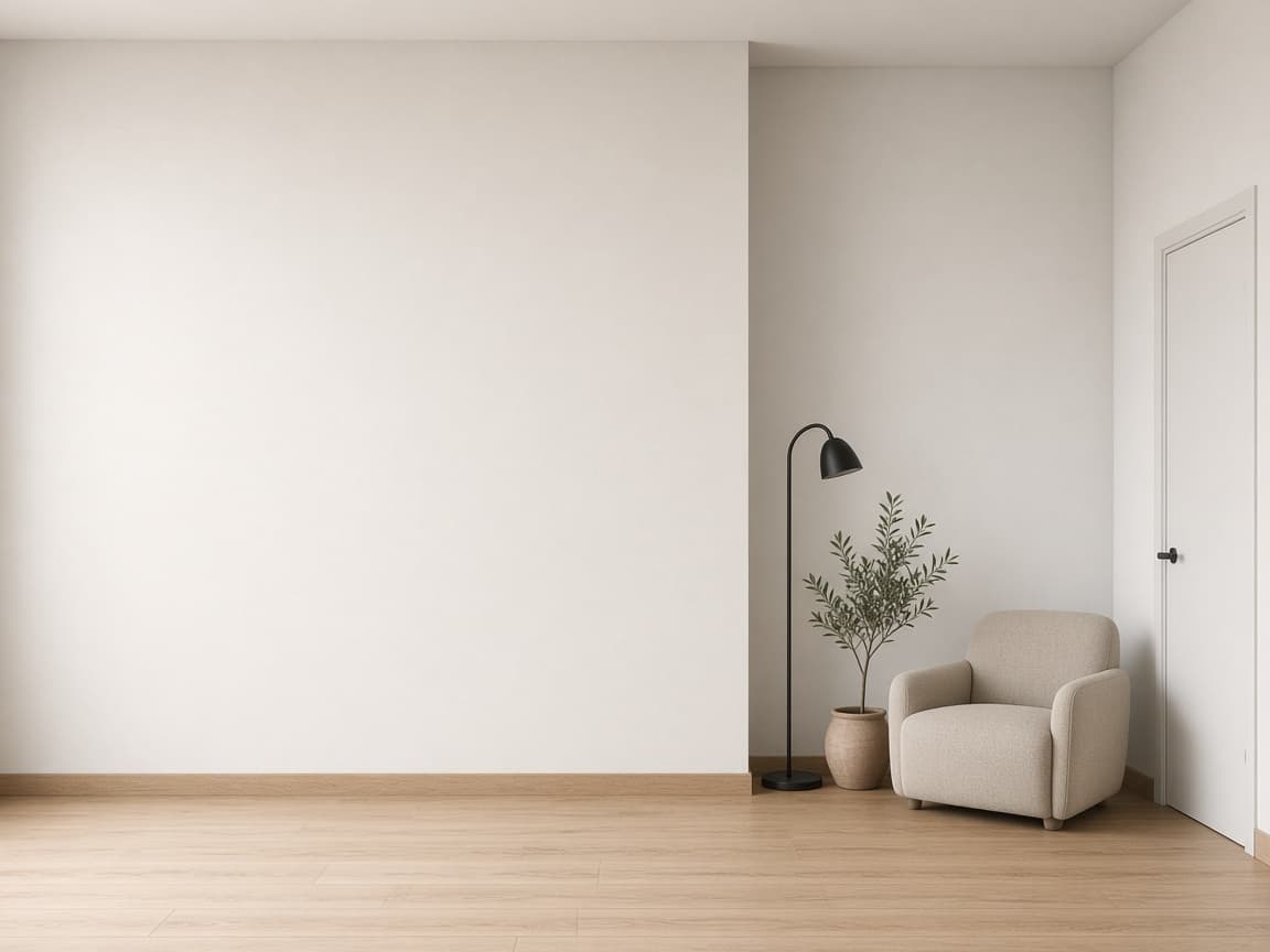A quiet room with one large plaster wall. The chair, lamp, plant, door and floor stay as they are.
